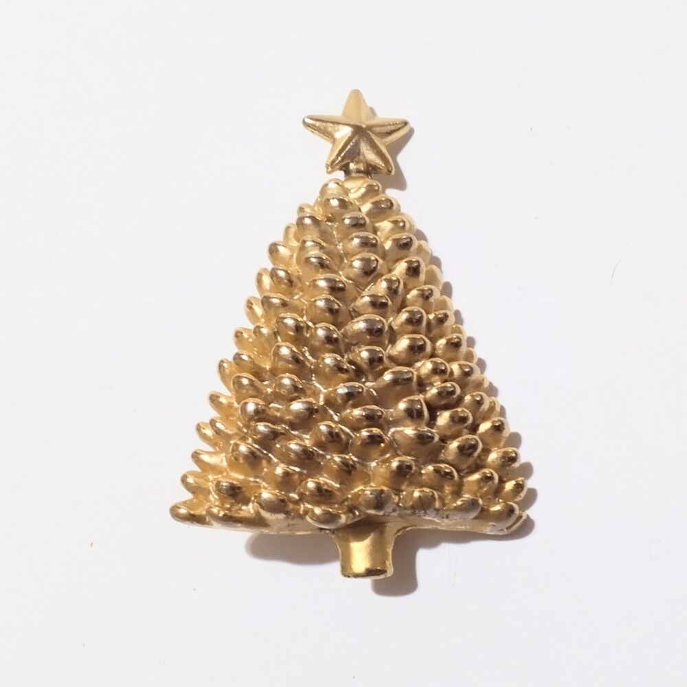 Vintage Gold Tone Christmas Tree Brooch Star Top Textured Beaded Holiday Pin
